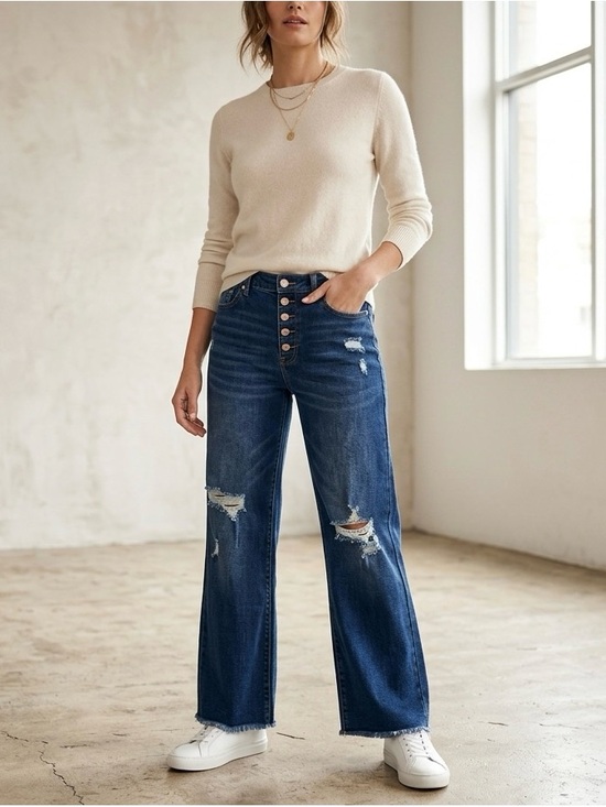 Pants - Wide-Leg Distressed High-Rise Jeans - Blue